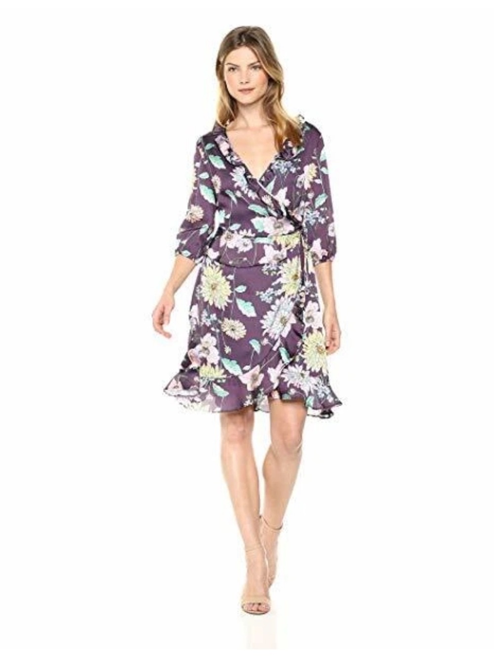 Purple Floral Wrap Dress with Ruffle Hem
